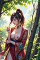 A woman in a red kimono standing in a forest.