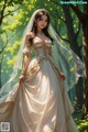 A woman in a wedding dress standing in the woods.