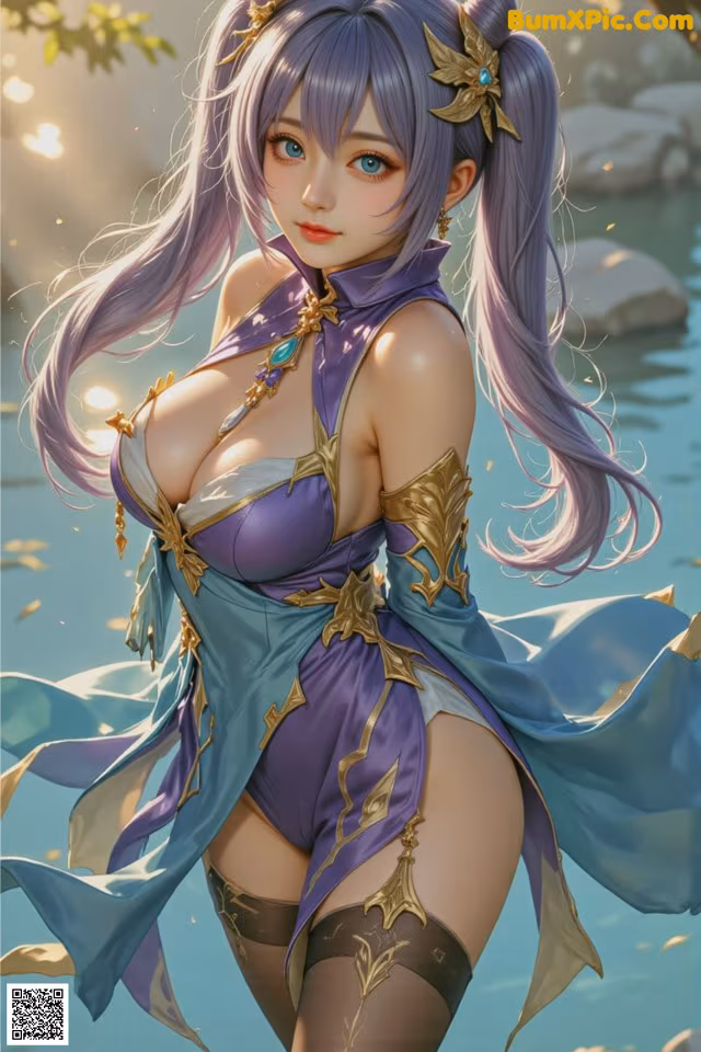 A woman in a purple and blue outfit is posing for a picture.