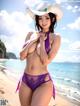 A woman in a purple bikini and a white hat on a beach.