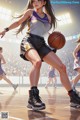 A woman in a basketball uniform holding a basketball on a court.